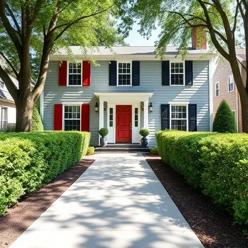 Freshly painted home in Bon Air VA with gray siding, white trim, and vibrant shutters surrounded by lush greenery.