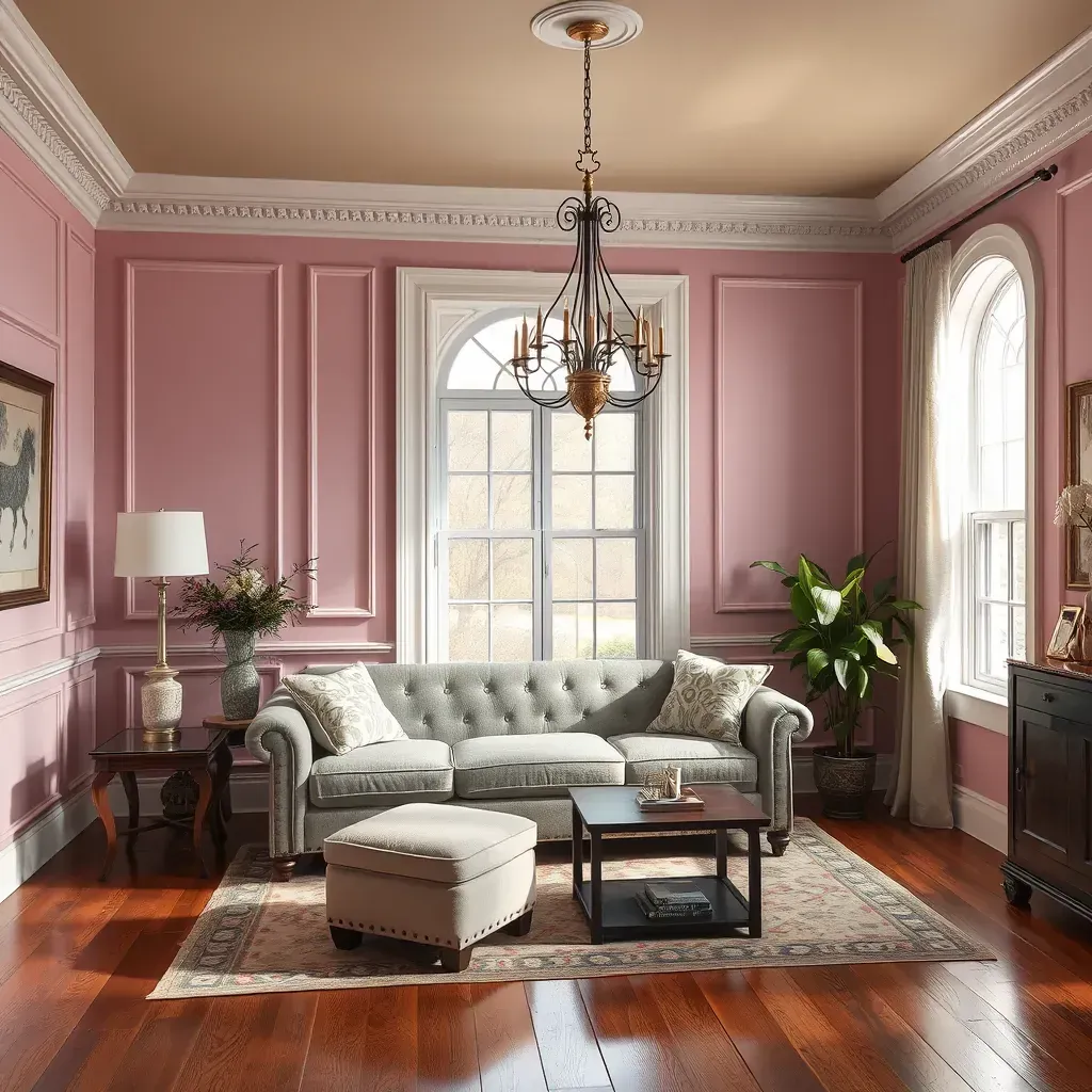 Interior living room in Richmond, VA with freshly painted beige walls, crown molding, large windows, and painting supplies.