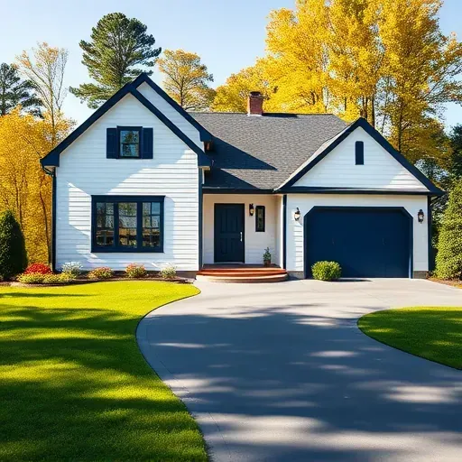 Beautifully painted modern home in Lakeside VA with white siding, navy blue trim, and vibrant flower beds.
