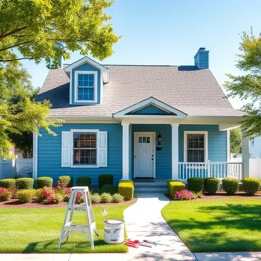 Charming suburban home in Quinton VA, freshly painted soft blues and whites, showcasing quality craftsmanship and manicured landscaping.