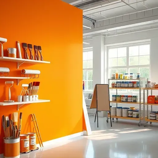 Modern Highland Springs, VA painting workspace with organized supplies, smooth painted wall, natural light, and clean environment.