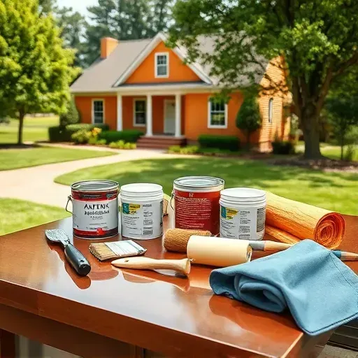 Professional painting tools and freshly painted house in Highland Springs, VA, highlighting quality craftsmanship.
