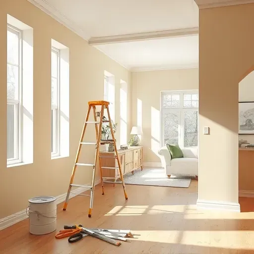 Freshly painted Chester, VA interior with neutral wall tones, modern ladder, painting tools, natural light, and stylish decor.