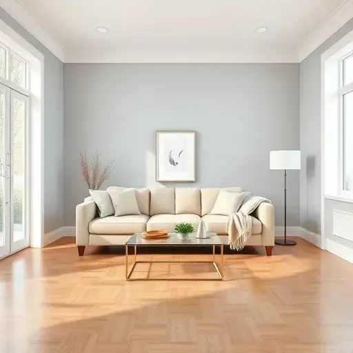Interior of a modern Laurel VA living room with light gray walls white crown molding plush beige sofa and hardwood flooring