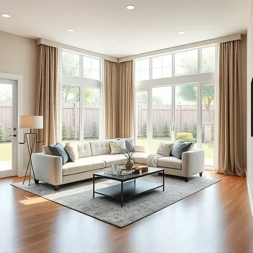 Modern living room in Midlothian VA with neutral wall paint, natural light, minimalist decor, hardwood floors, and landscaped backyard view