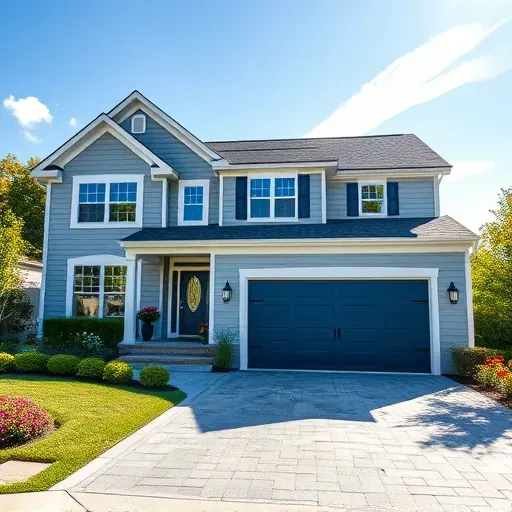 Beautifully painted residential home in Midlothian VA with navy door, gray facade, and lush landscaping under blue sky.