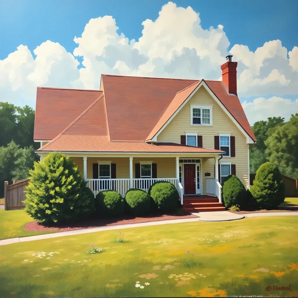 Serene Moseley, VA painting featuring lush fields, a red barn, pond, winding road, and colorful sunset sky.
