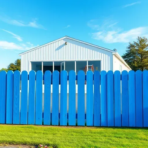 Sandston VA painting workshop exterior with colorful painted fence, well-organized supplies, lush landscaping, and bright sky.