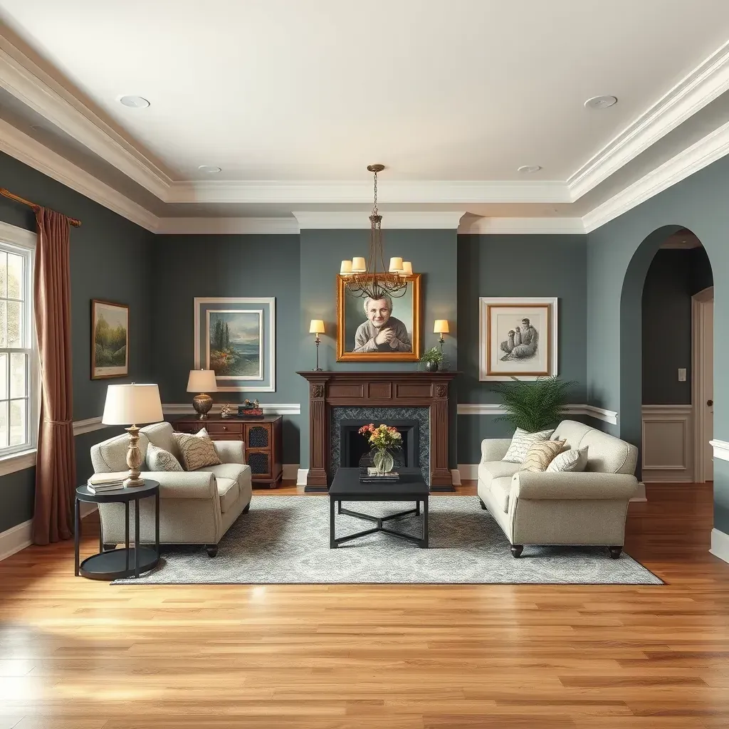 Interior living room in Meadowbrook, VA, featuring freshly painted beige walls, natural light, modern furniture, and painting supplies.
