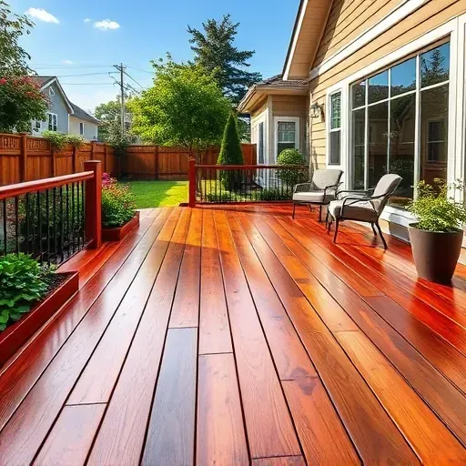 Stained deck outside a cozy home in Richmond VA with glossy wood tones, lush greenery, and stylish outdoor furniture