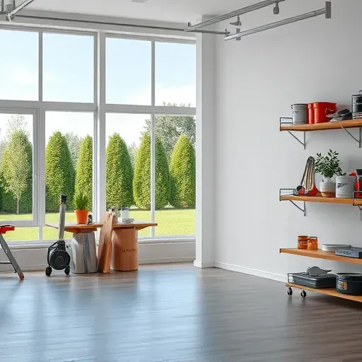 Professional painting workspace with organized tools, vibrant wall, and lush outdoor yard scene.