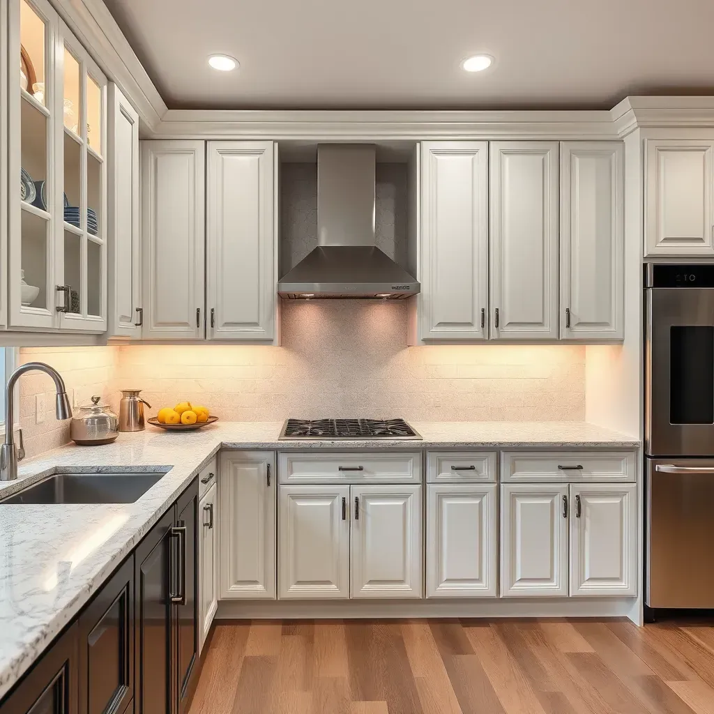 Refinished modern kitchen cabinets in Richmond, VA, with smooth white finish, elegant hardware, molding details, and natural lighting.