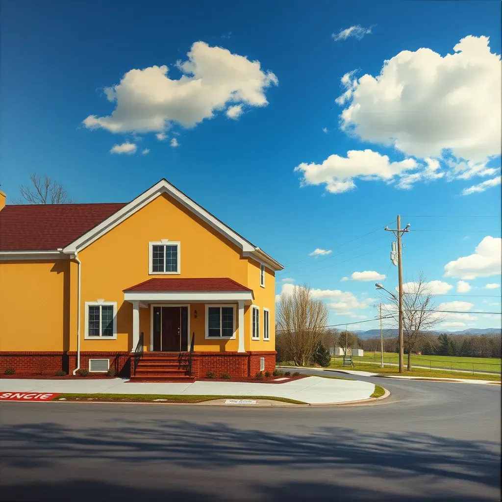 A detailed scene of Elmont, VA featuring vibrant neighborhoods, lush greenery, local landmarks, and bustling community life.