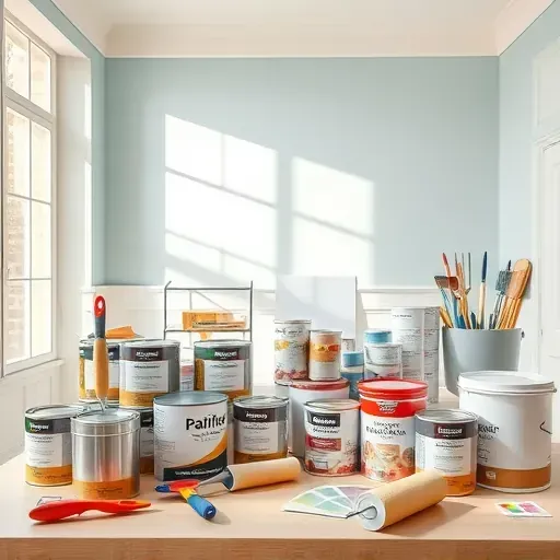 A well-organized painting workspace in Atlee VA with paint cans, tools, and a beautifully painted accent wall.