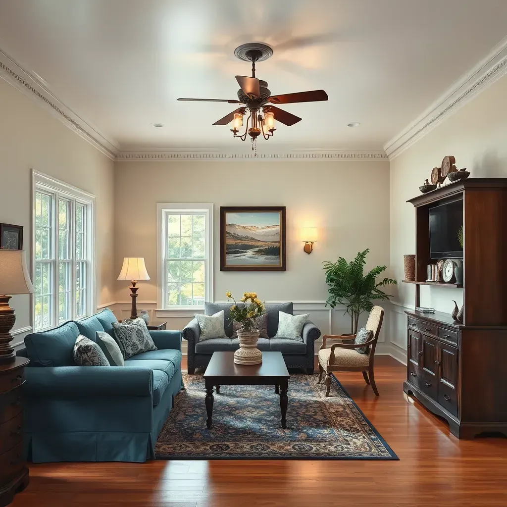 Renovated Colonial Heights living room with freshly painted beige walls, colonial details, window light, and painting tools.