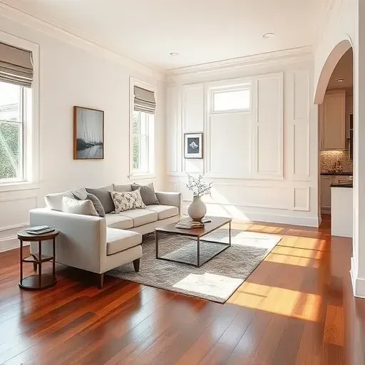 Beautiful modern living room in Montrose, VA with pristine white walls, hardwood floors, and elegant decor.
