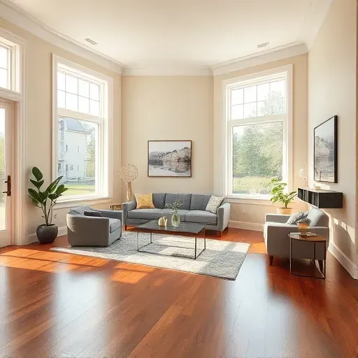 Beautifully painted living room in Atlee VA with beige walls white trim hardwood floors modern furnishings and natural light