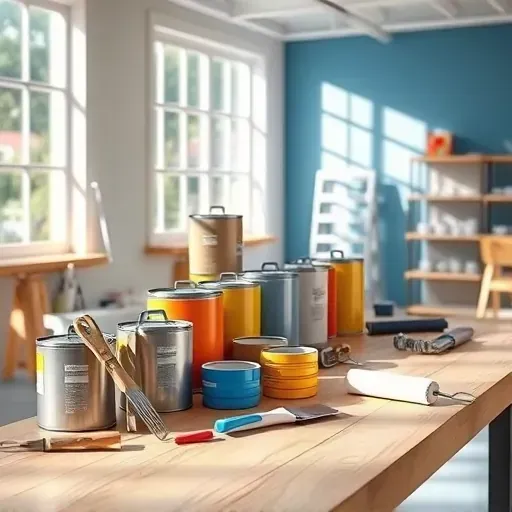 Pristine painting tools display on a modern workbench with fresh paint cans, brushes, and tape in a bright, professional workshop.