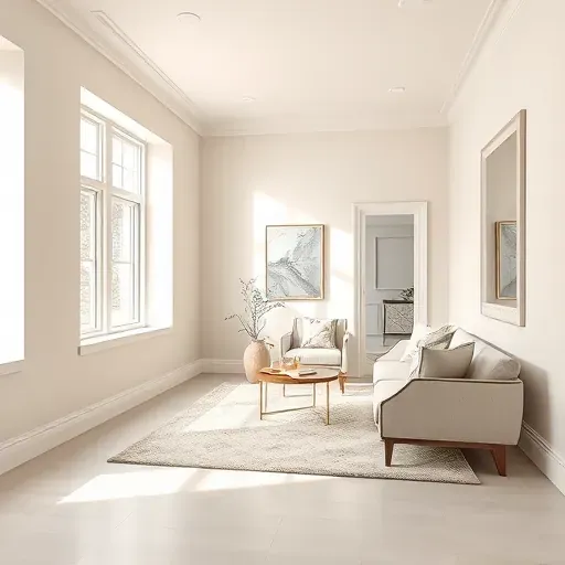 Freshly painted neutral walls in a modern Highland Springs living room, highlighting flawless craftsmanship and elegant décor.