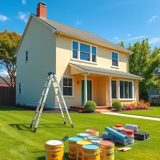 Freshly painted Highland Springs home with vibrant walls, organized workspace, lush lawn, and blooming flowers in bright sunlight.