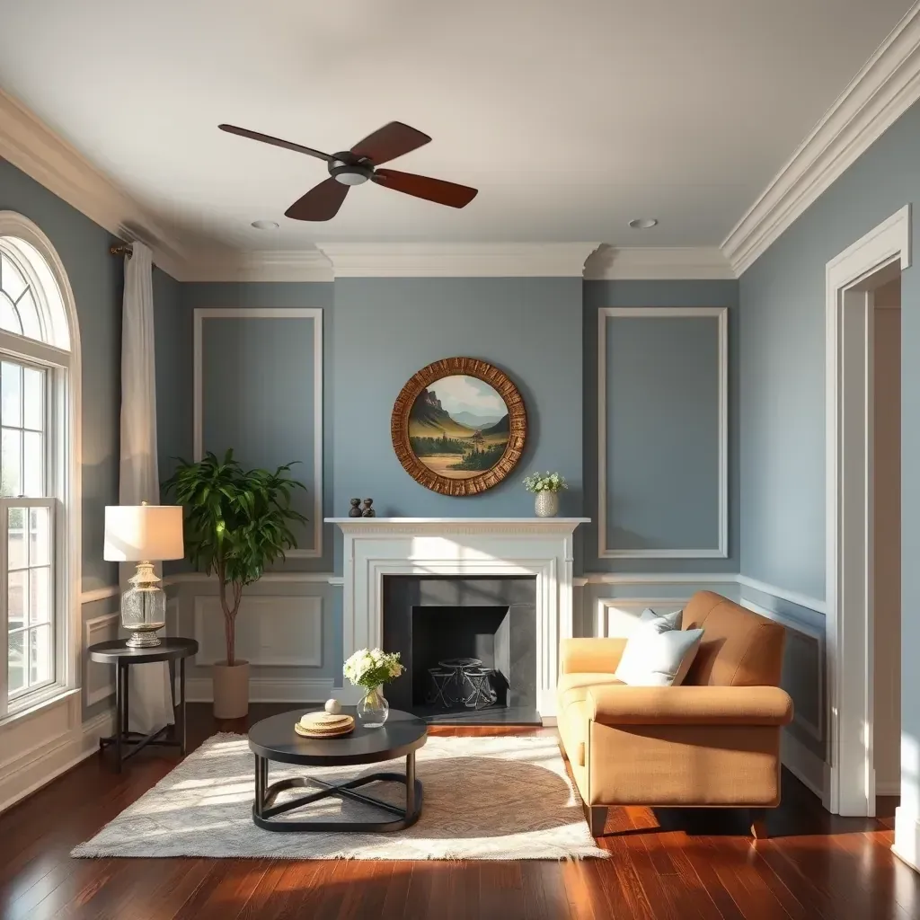 Interior painting in East Highland Park, VA: Finished taupe walls, natural light, tools, and cozy, renovated living room scene.