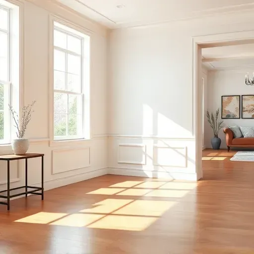 Freshly painted smooth vibrant wall in modern living room with natural light, hardwood floor, minimal decor, and elegant details