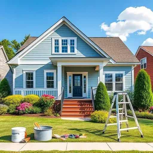 Freshly painted suburban home in Lakeside VA, soft blue and white exterior, vibrant gardens, tools on porch, sunny day.