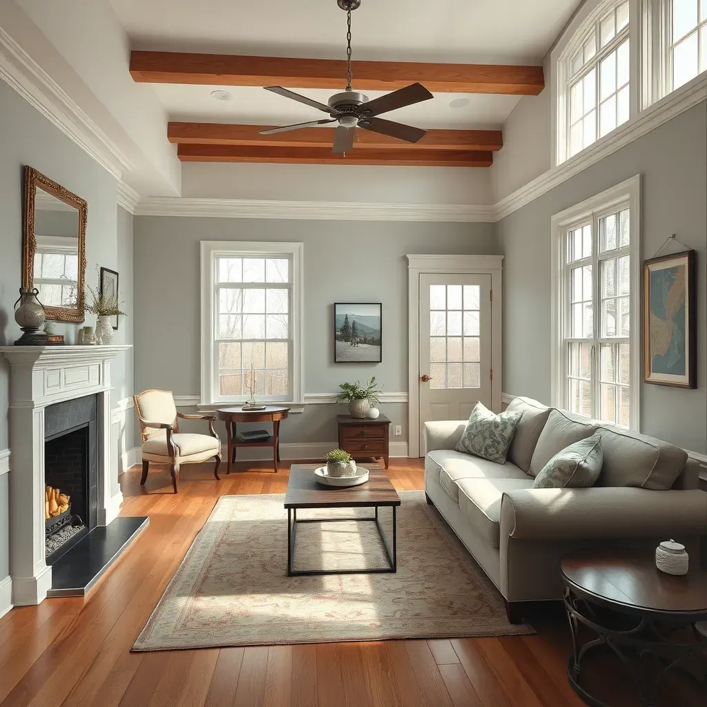 Interior living room with beige walls, modern decor, large windows, fresh paint cans, brushes, and a painter's ladder.