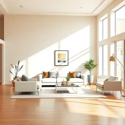 Freshly painted modern living room in Bellwood VA with warm neutral tones, natural light, sleek furniture, and polished hardwood floors