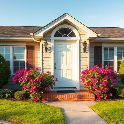 Charming suburban home in Wyndham VA with vibrant exterior paint, glossy door, blooming flowers, and clear blue sky.