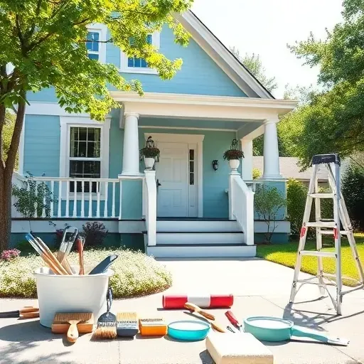 Completed exterior residential painting project in Bensley VA with soft blue and white colors, tools arranged neatly.