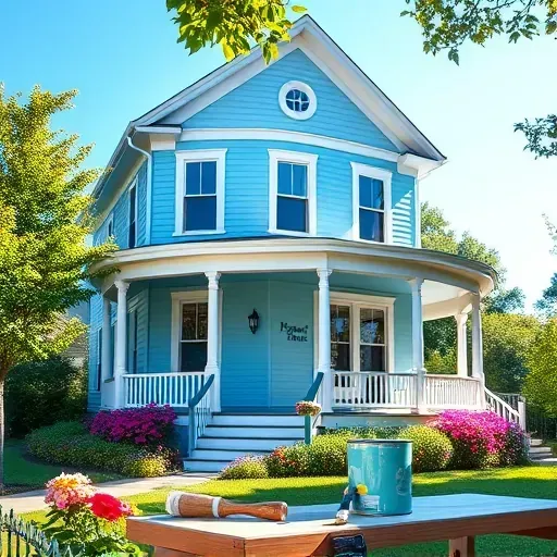 Completed residential painting project in Ashland VA showcasing a sky blue home with white trim and vibrant gardens.