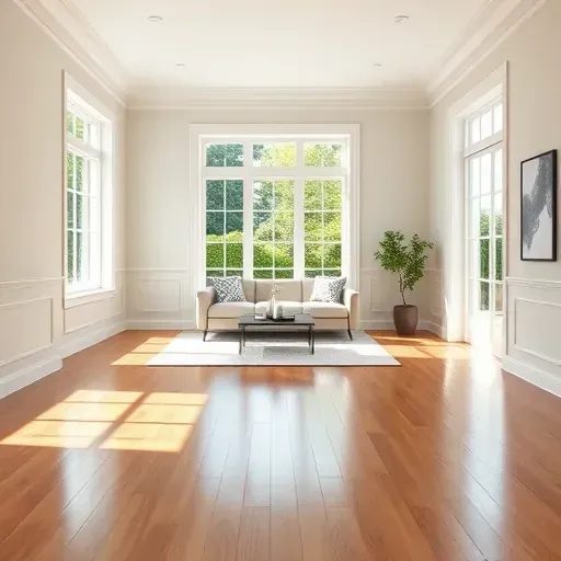 Interior of a freshly painted modern living room with hardwood floors, large windows, and minimal decor in Mechanicsville, VA.