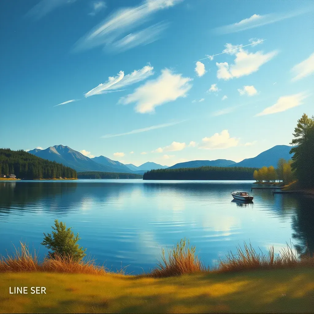 Serene lakeside scene in Lakeside, VA with clear water, lush trees, rolling hills, and blue sky with clouds.