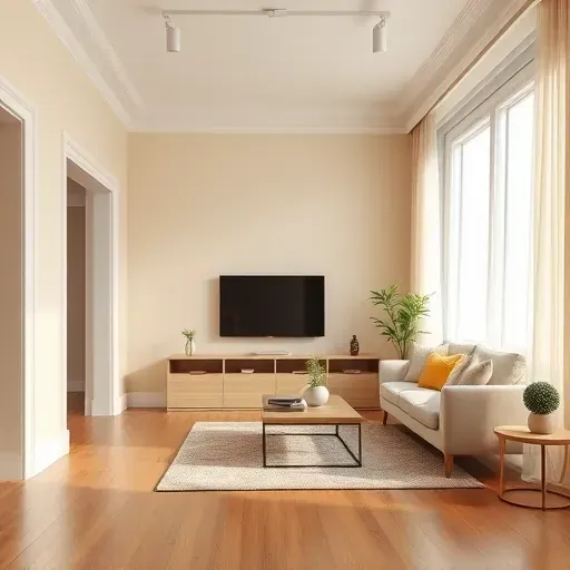 Modern living room with freshly painted beige walls, hardwood floors, crown molding, built-in shelving, and soft natural light.