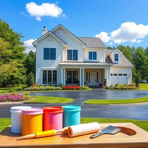Completed painting contractor project in Short Pump VA featuring a pastel home, fresh paint cans, and a serene garden.