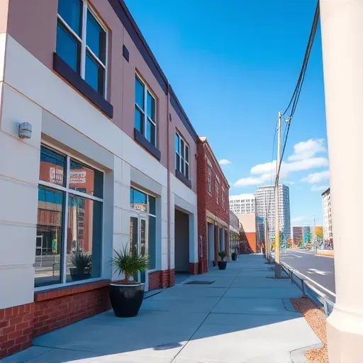 Modern commercial building in Richmond VA with vibrant painted walls, detailed architecture, landscaped sidewalk, and urban background