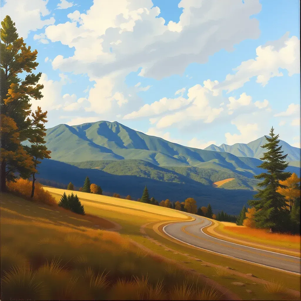 Detailed landscape of Bensley, VA featuring rural scenery, trees, fields, and clear skies in a vivid painting style.