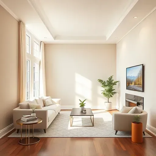 Modern living room interior in Bensley VA with freshly painted warm neutral walls, natural light, stylish decor, and sleek architecture