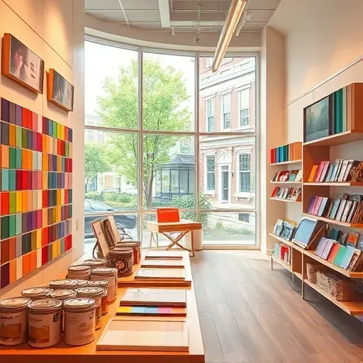 Interior of a vibrant Richmond VA paint store with organized color samples, lush greenery views, and a professional atmosphere