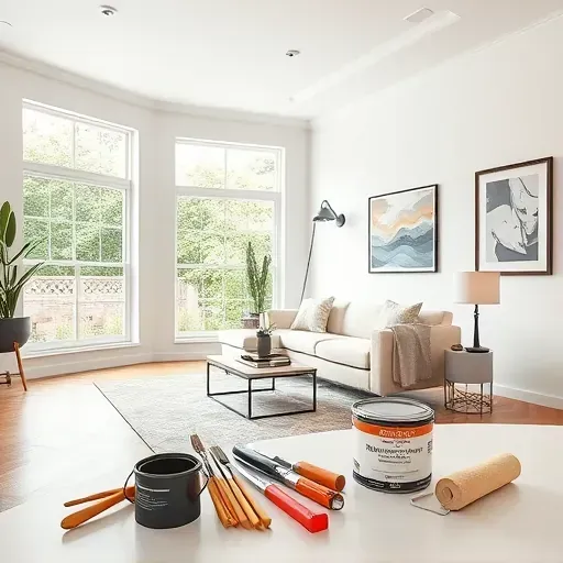 Freshly painted modern living room with vibrant, textured walls, organized tools, natural light, and stylish decor.