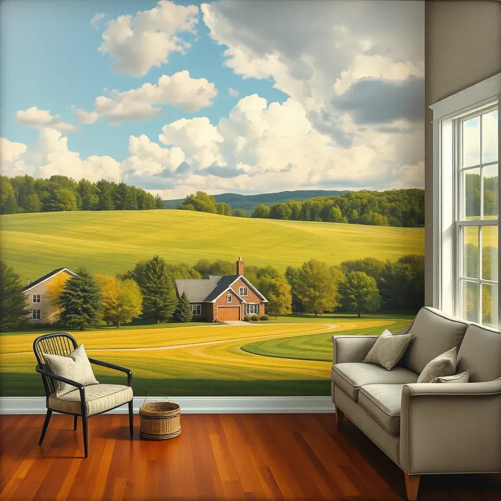 A detailed painting of Moseley, VA, showing a quiet creek with a wooden bridge, lush trees, vibrant wildflowers, and charming houses.