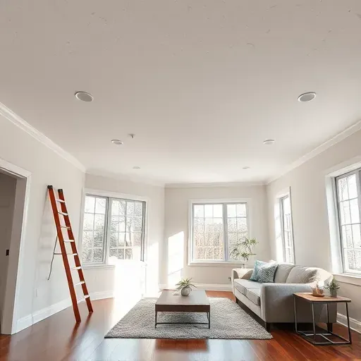 Bright renovated living room with smooth white ceiling, hardwood floors, neutral walls, modern furniture, and renovation tools visible