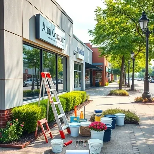 Bellwood VA painting contractor storefront with equipment, greenery, and nearby shops, highlighting professionalism and community.