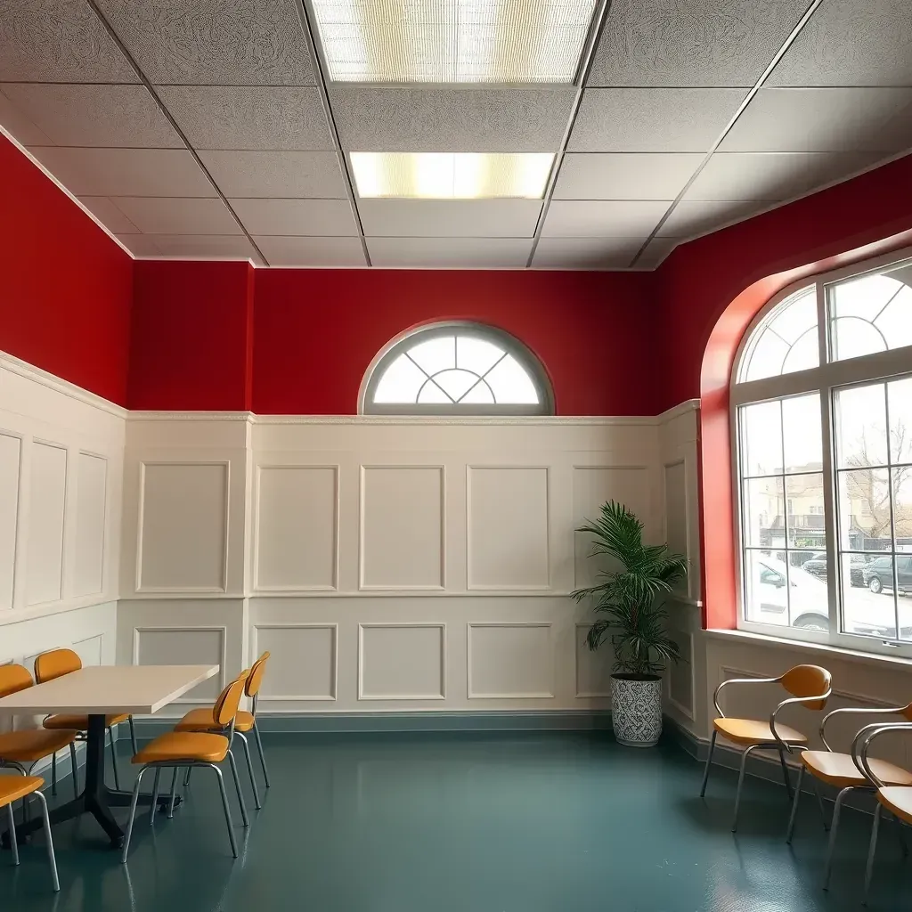 Spacious commercial interior in Richmond, VA with vibrant wall paint, neat supplies, exposed brick, and classic moldings.