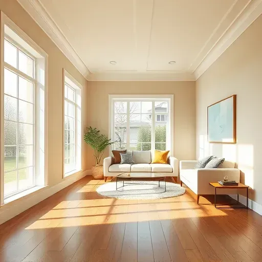 Newly painted modern living room in Powhatan, VA with smooth walls, elegant molding, hardwood floors, and natural light.