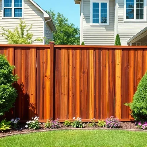 Finished stained wooden fence in a well-kept backyard with lush lawn, flowering plants, modern home, and clear sky in Richmond VA