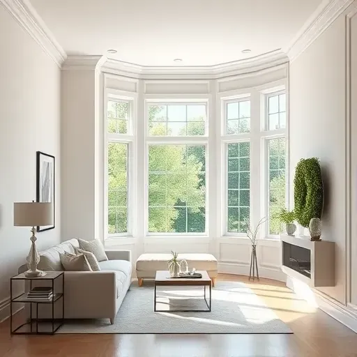 Interior modern living room in Quinton VA with spotless neutral walls, elegant furniture, natural light, lush greenery outside