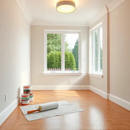 Finished interior room with smooth beige walls, hardwood floor, modern lighting, and organized paint supplies in Mechanicsville VA