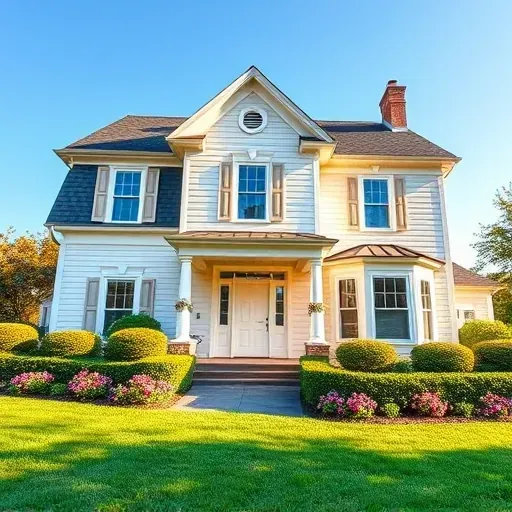 Freshly painted home exterior in soft pastels, intricate trim, vibrant flowers, and bright blue sky in Glenburnie VA.